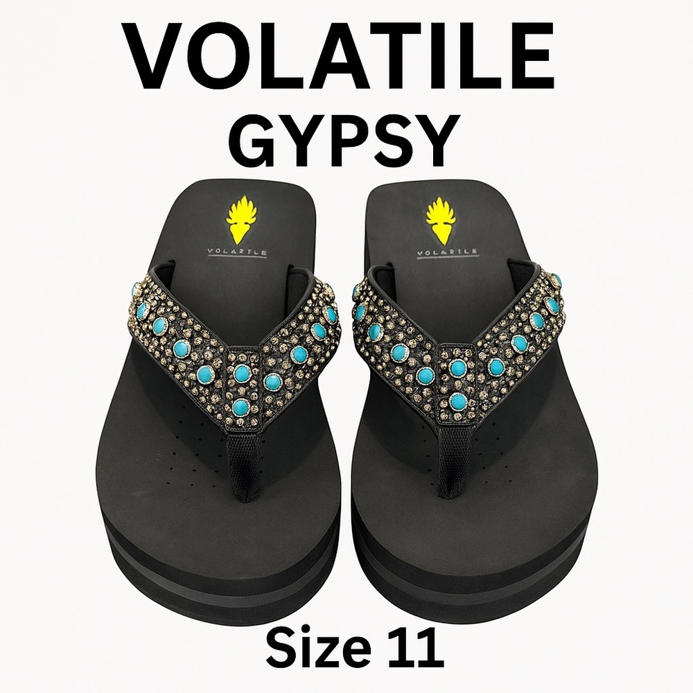 Volatile Gypsy Black Multi Rhinestone Wedge Flip-Flops